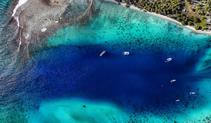 Oyster yachts in Tuamotus drone shot