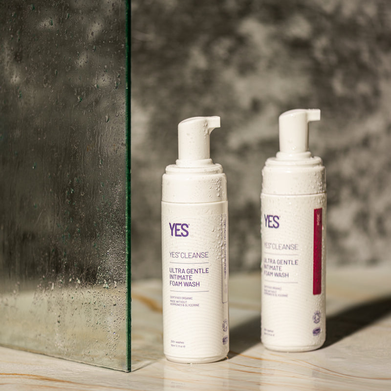 YES CLEANSE unfragranced and rose intimate feminine wash stood in a shower