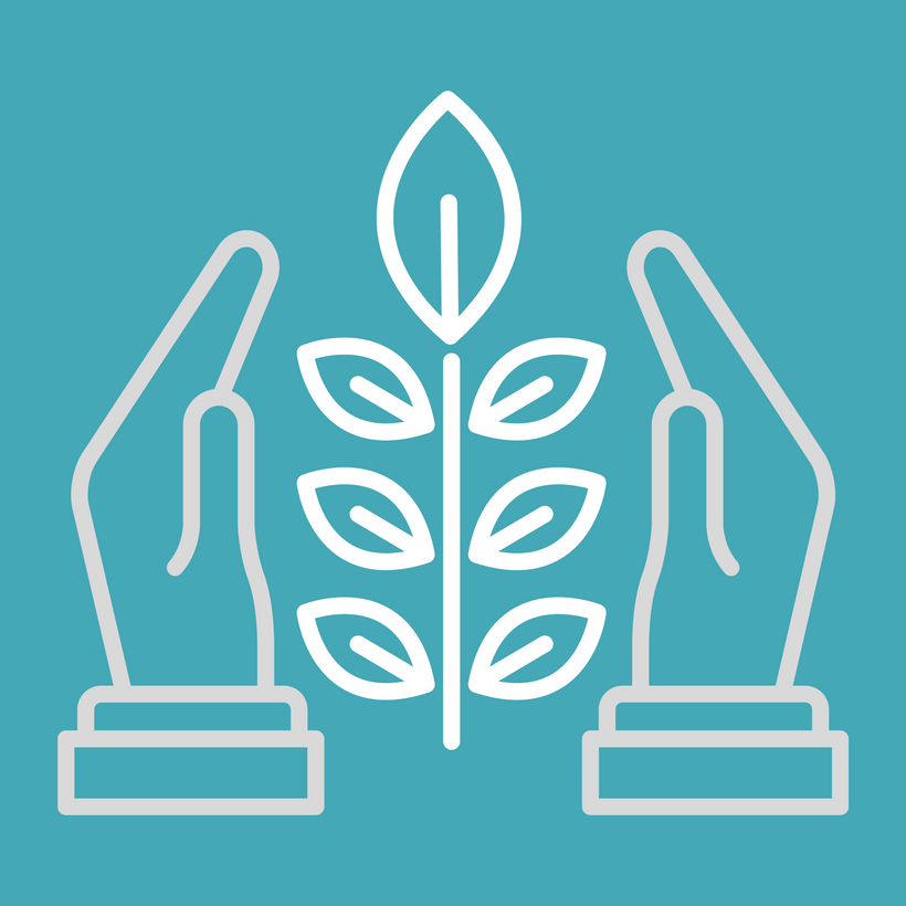 A line drawn plant between two upright hands on either side protecting the plant. On a teal background