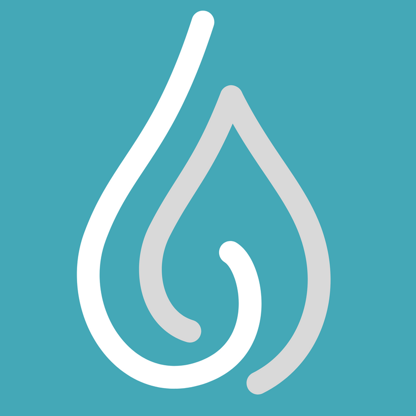 A line drawn droplet image with intertwined white and grey drawn lines on a teal background
