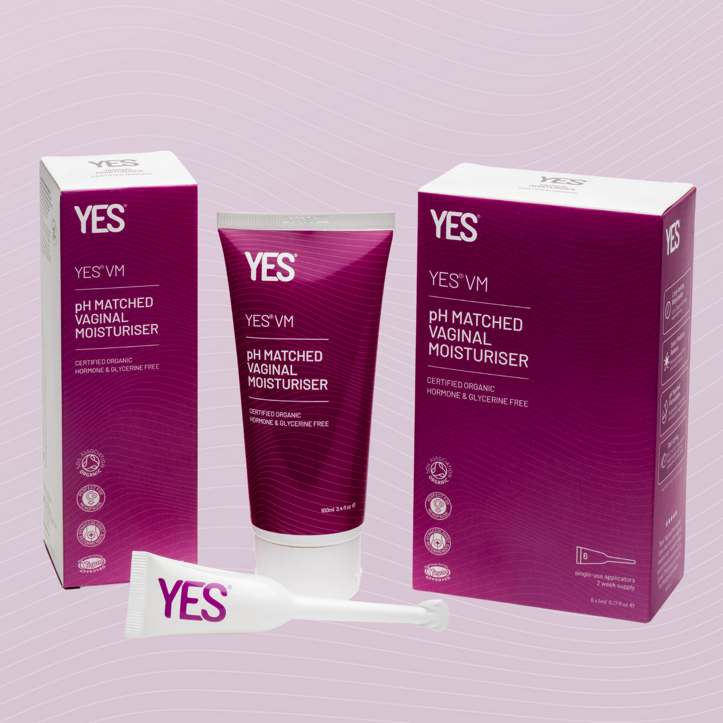 YES VM vaginal moisturiser range is displayed next to each other on a pink contoured background.